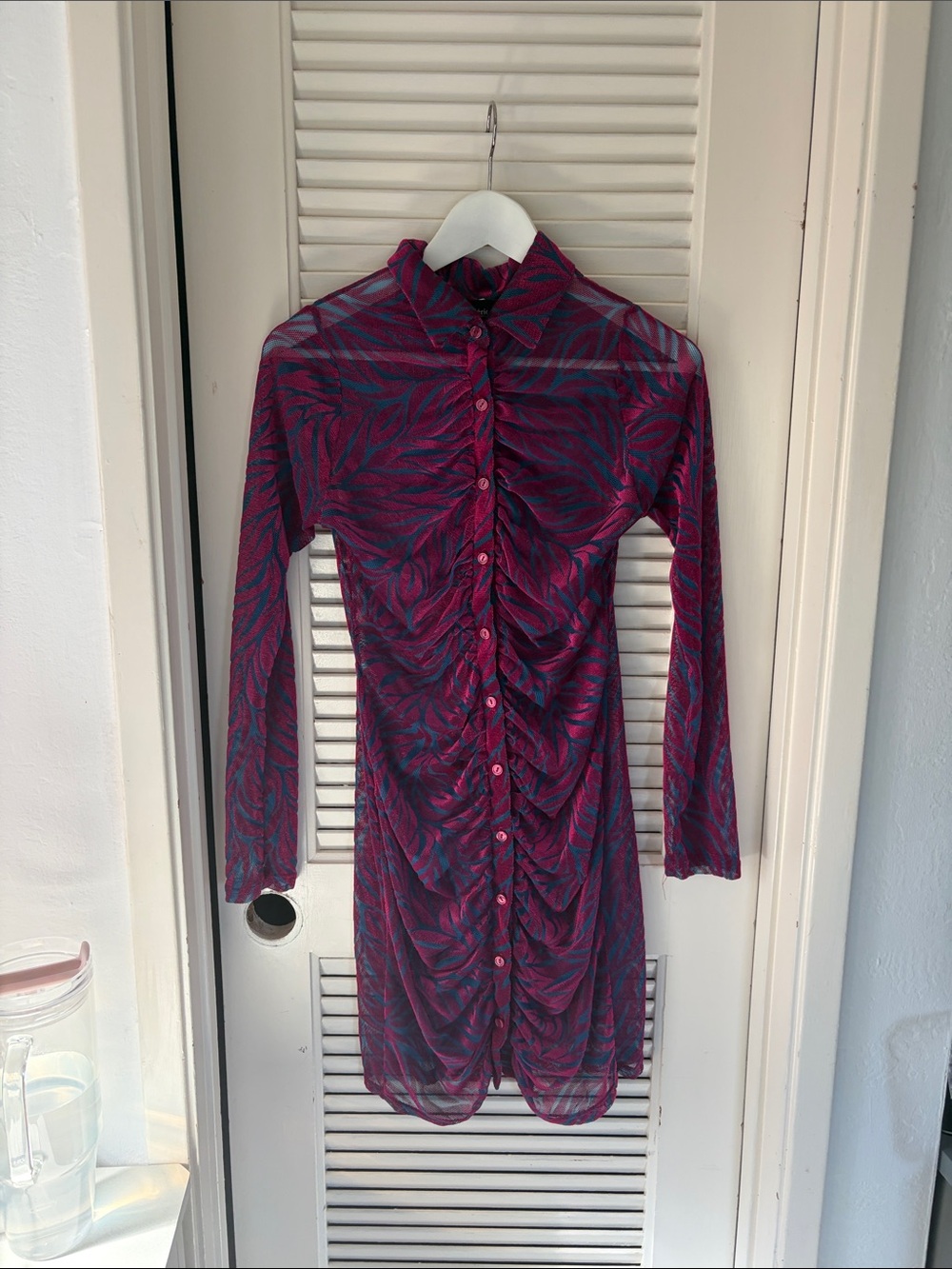 Long-Sleeve Ruched Button-Front Dress in Plum and Teal